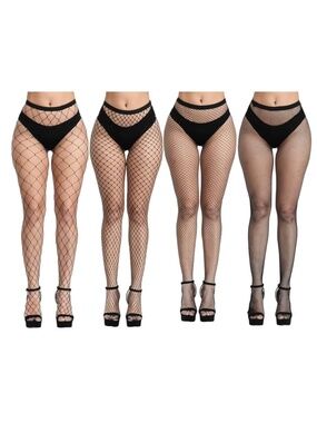 NWT 4 Pack Fishnet Stockings Pantyhose Set High Waist Tights Black One Size